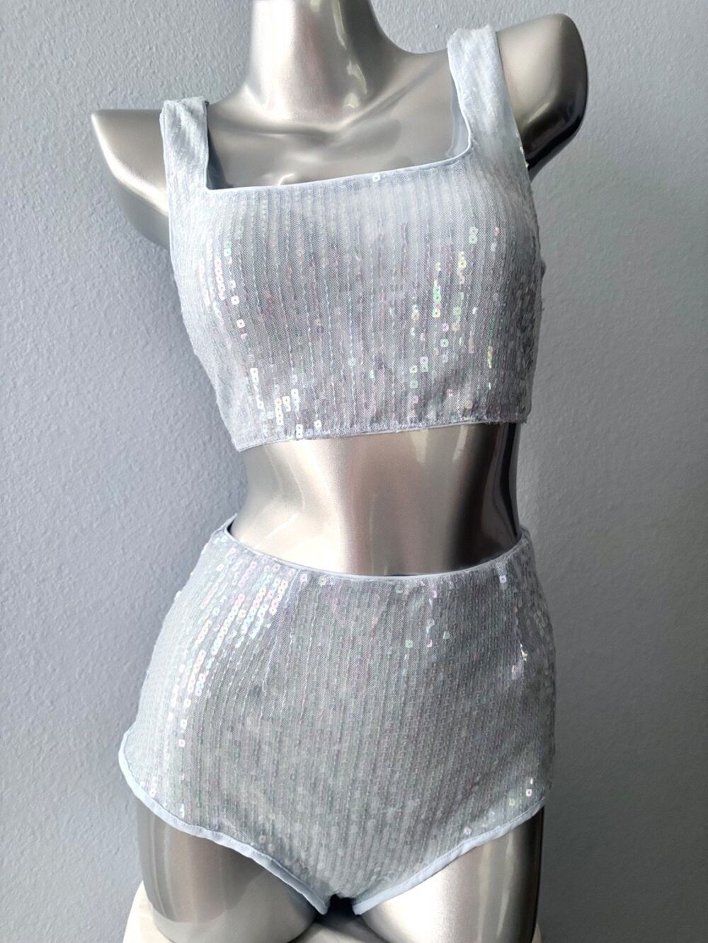 Victoria's Secret Nwt Blue Sequin Shimmer Bra Top & High Waist Short Set Large